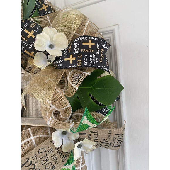 Wooden Christian He is Risen From the Tomb Sign Deco Mesh Ribbon Easter wreath - Picture 7 of 10